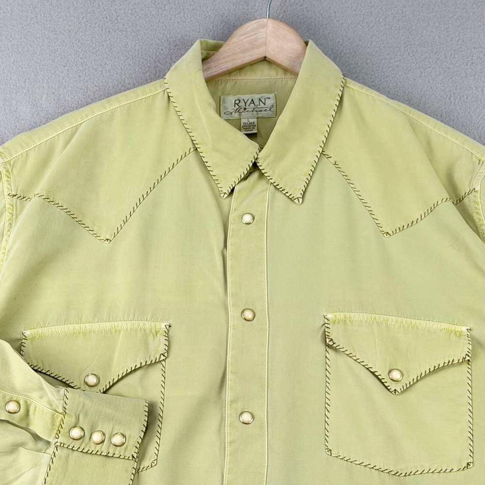 Ryan Michael Pearl Snap Shirt Mens Large Lime Silk Blend Western Rodeo Cowboy